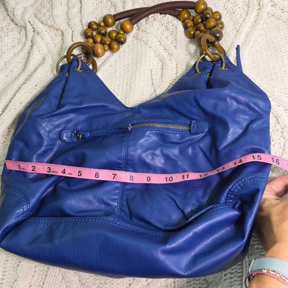 Bueno Hobo Satchel Bag Royal Blue Wood Bead Circle Handle Purse Soft Colorful
